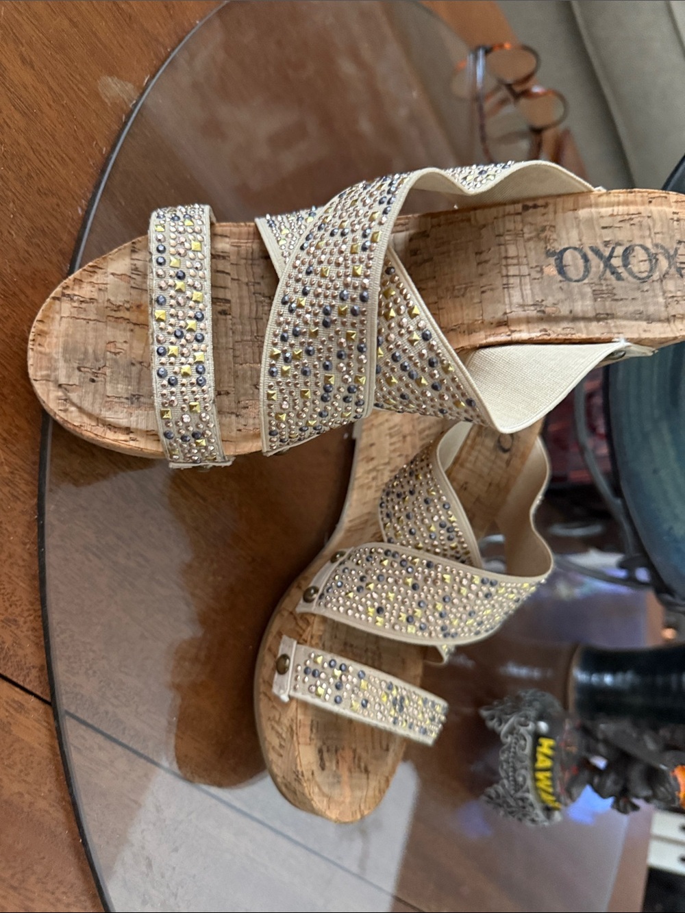 XOXO Champagne Rhinestone-look Cork Wedge Sandals